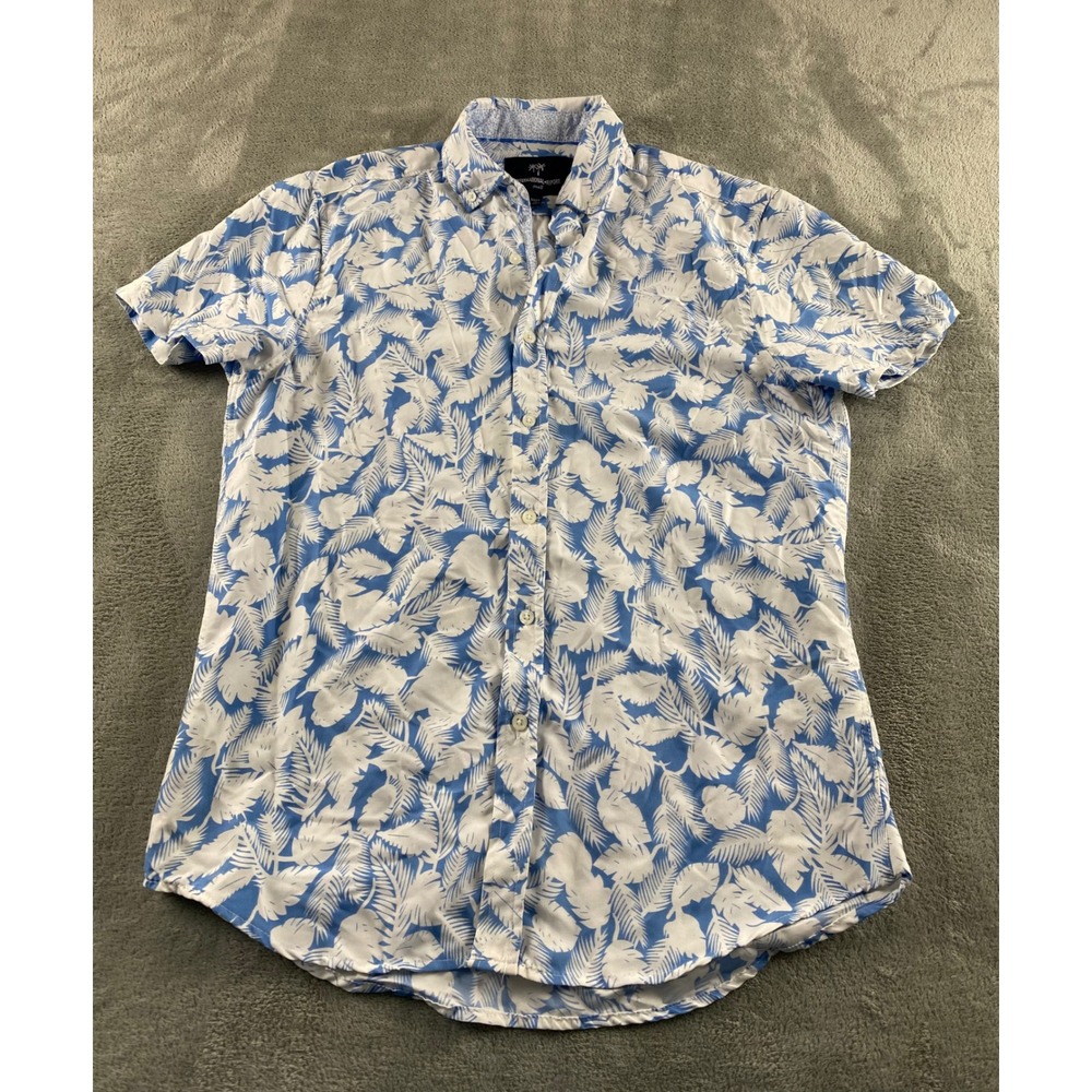 International Report Mens Small Blue White Palm Leaf Tropical Button Down Shirt
